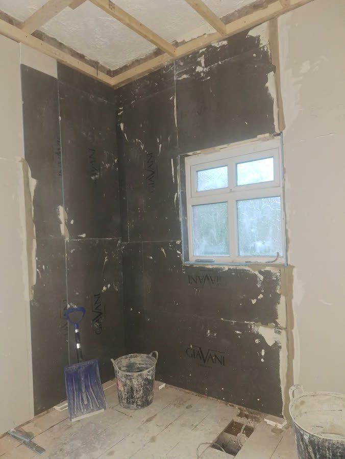 Bathroom stripped back to backer board